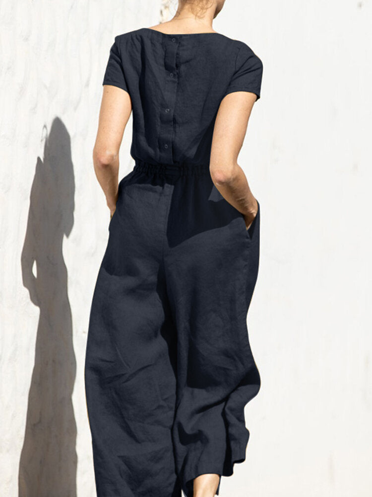 Solid Color Short Sleeve O-neck Cotton Wide Leg  Women Jumpsuits