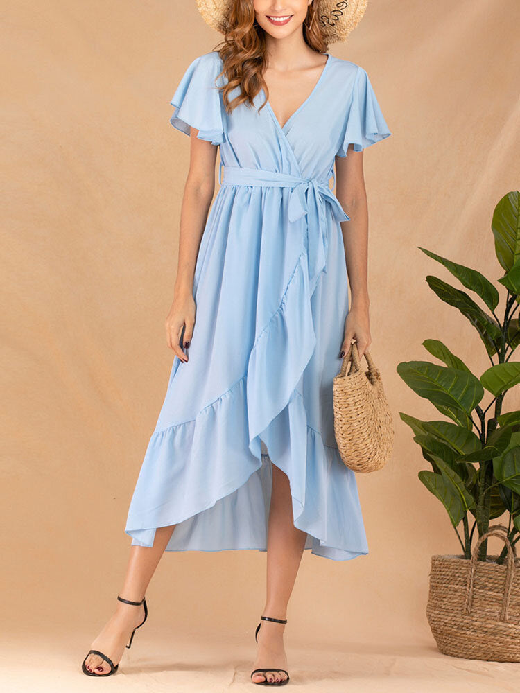 Solid Ruffle Short Sleeve Wrap V-neck Belt  Women Dress