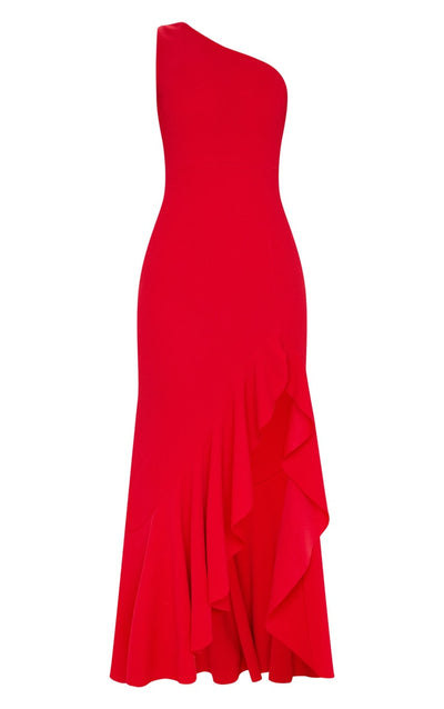 RED ONE SHOULDER FRILL SPLIT MAXI DRESS