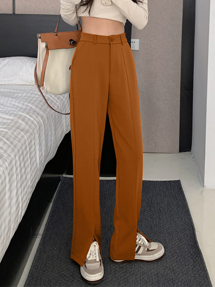 Solid High Waist Pocket Double Slit Hem Tailored Pants