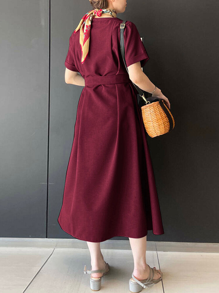 Solid Short Sleeve Crew Neck Dress With Belt For Women