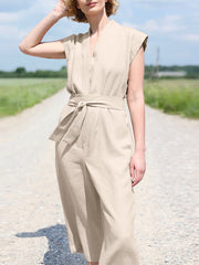 Solid Sash V Neck Pocket Sleeveless Casual Cotton  Women Jumpsuits