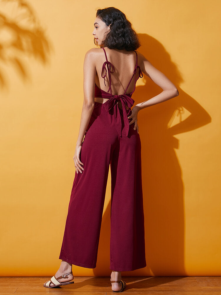 Solid Spaghetti Strap Lace Up Open Back Wide Leg  Women Jumpsuits