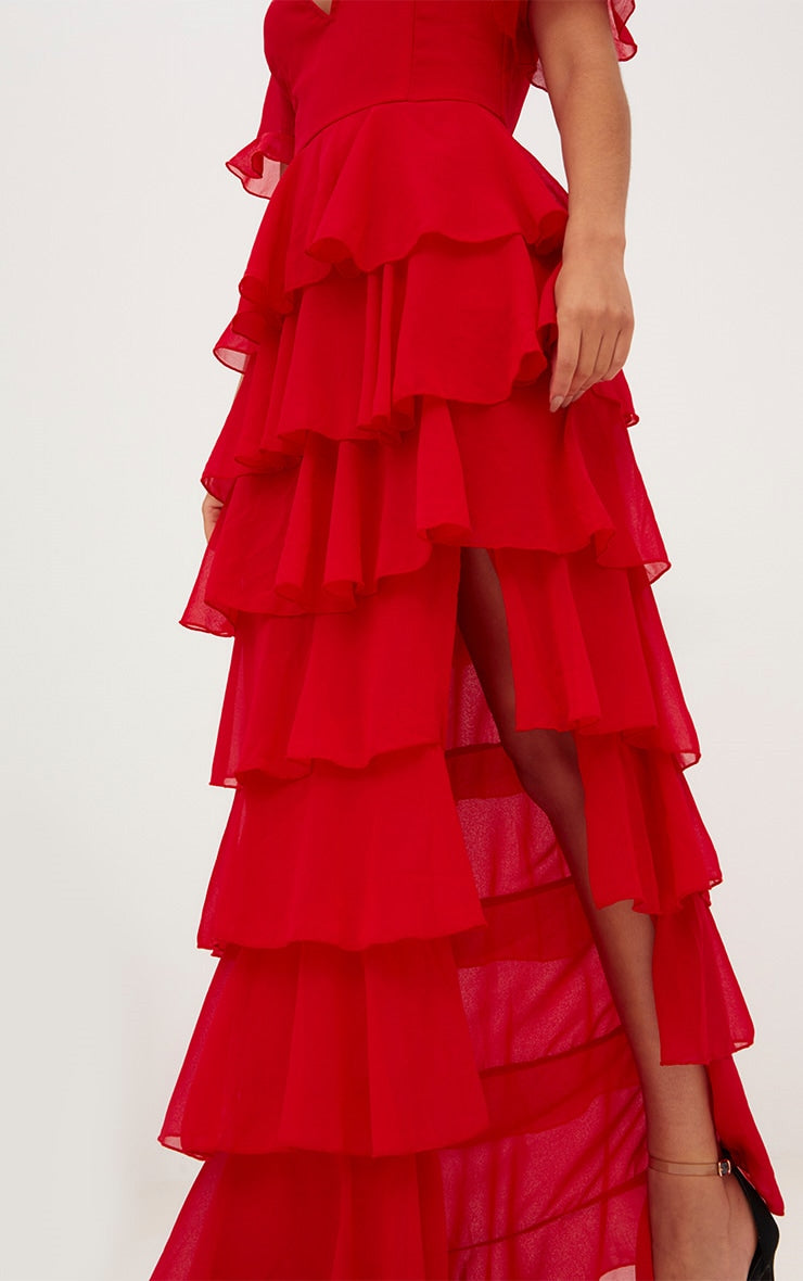 RED CHIFFON RUFFLE LAYER MAXI DRESS