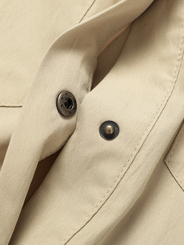 Solid Color Short Sleeve Pockets Lapel Casual Women Dress