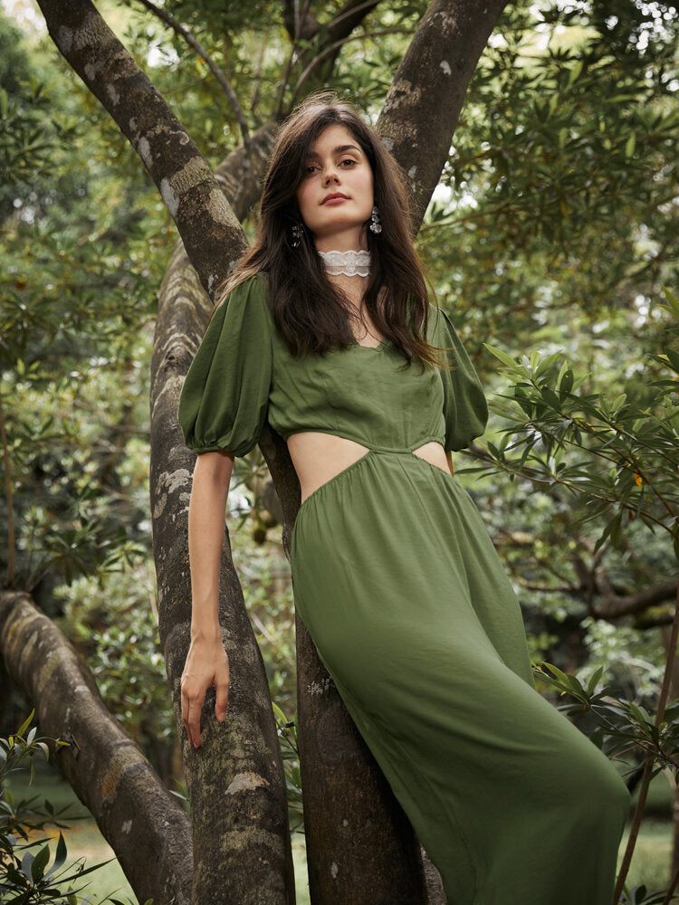 Solid Cut Out Waist Puff Sleeve V-neck Wide Leg  Women Jumpsuits