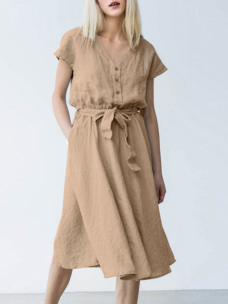 Short Sleeve Midi Dress with Belt and Pockets for Women
