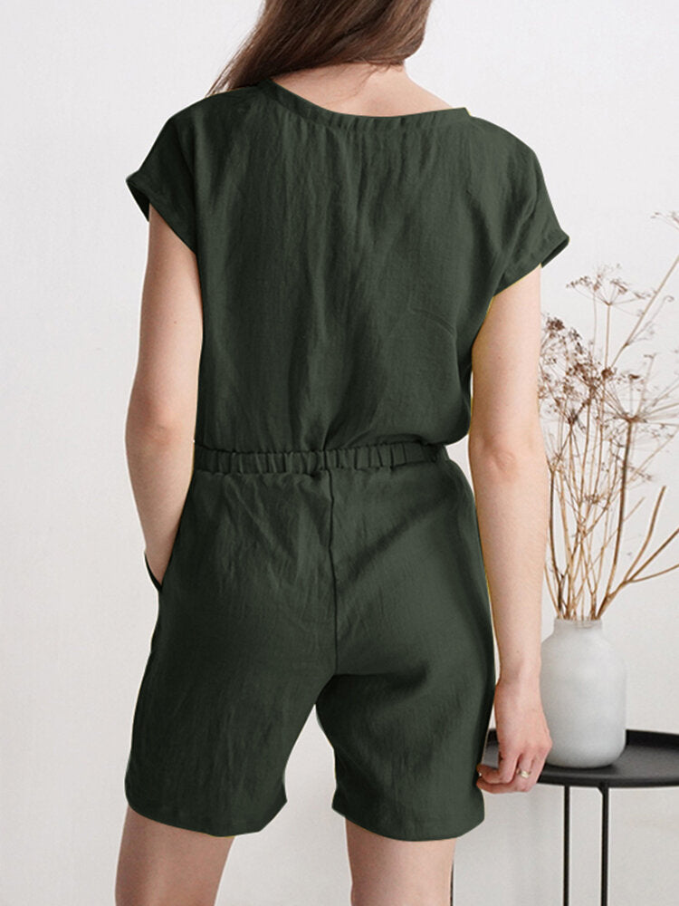 Solid Wrap V-neck Pocket Short Sleeve Casual  Women Romper