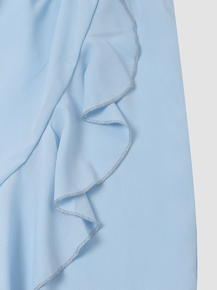 Solid Ruffle Short Sleeve Wrap V-neck Belt  Women Dress