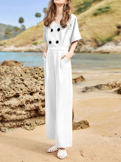 Solid Double Breasted Pocket Short Sleeve V-neck  Women Jumpsuits