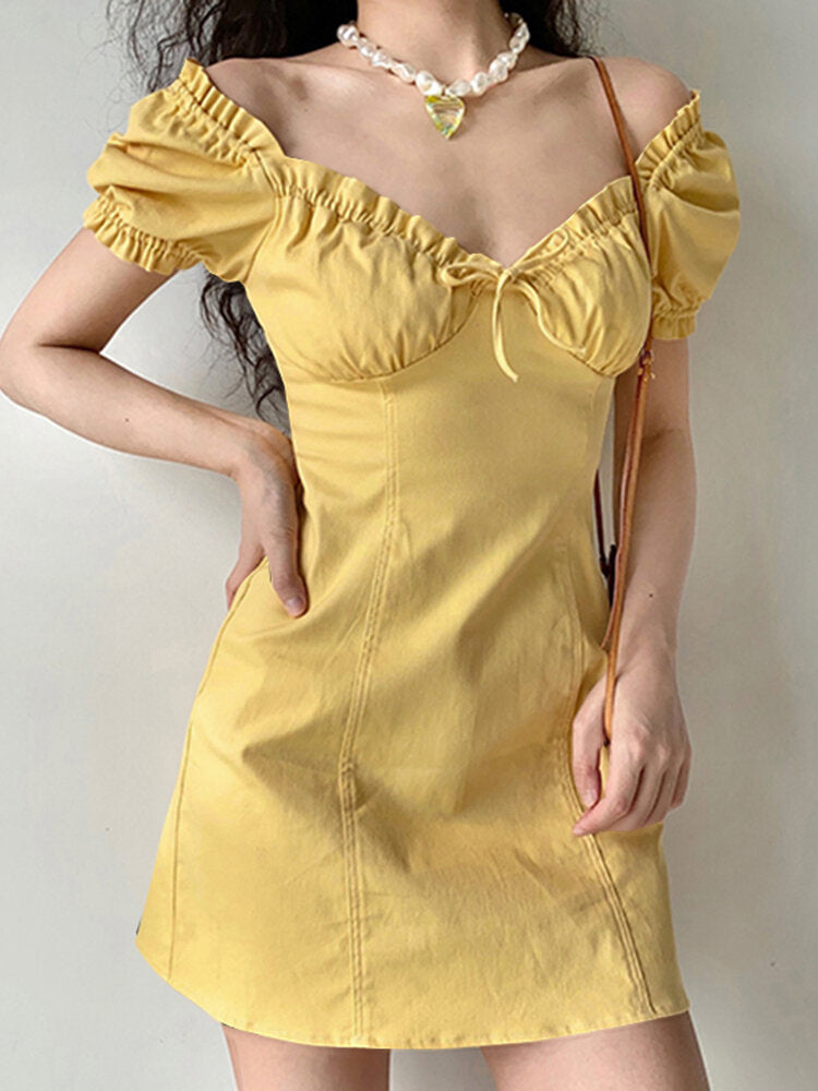Solid Puff Sleeve Tie Front Lettuce Edge  Women Dress