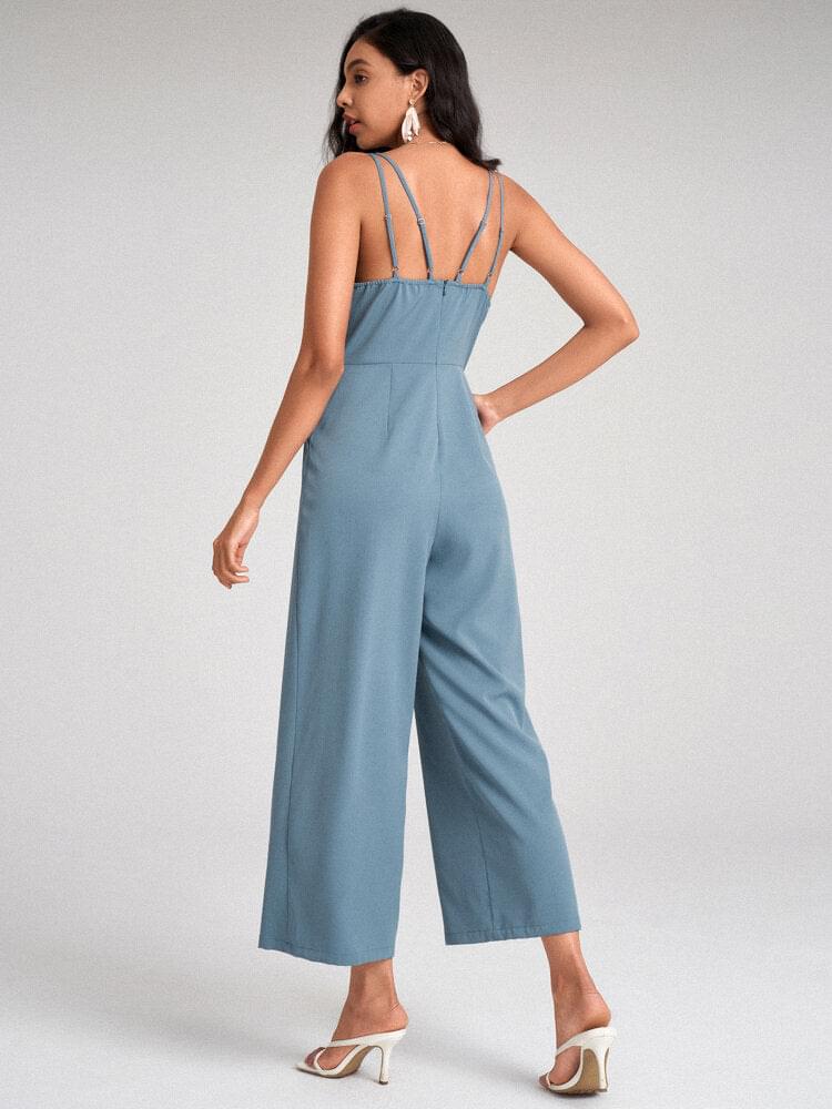 Adjustable Strap Open Back Solid Pocket Straight Leg  Women Jumpsuits
