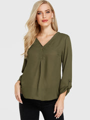 Solid Long Sleeve V-neck Casual Blouse