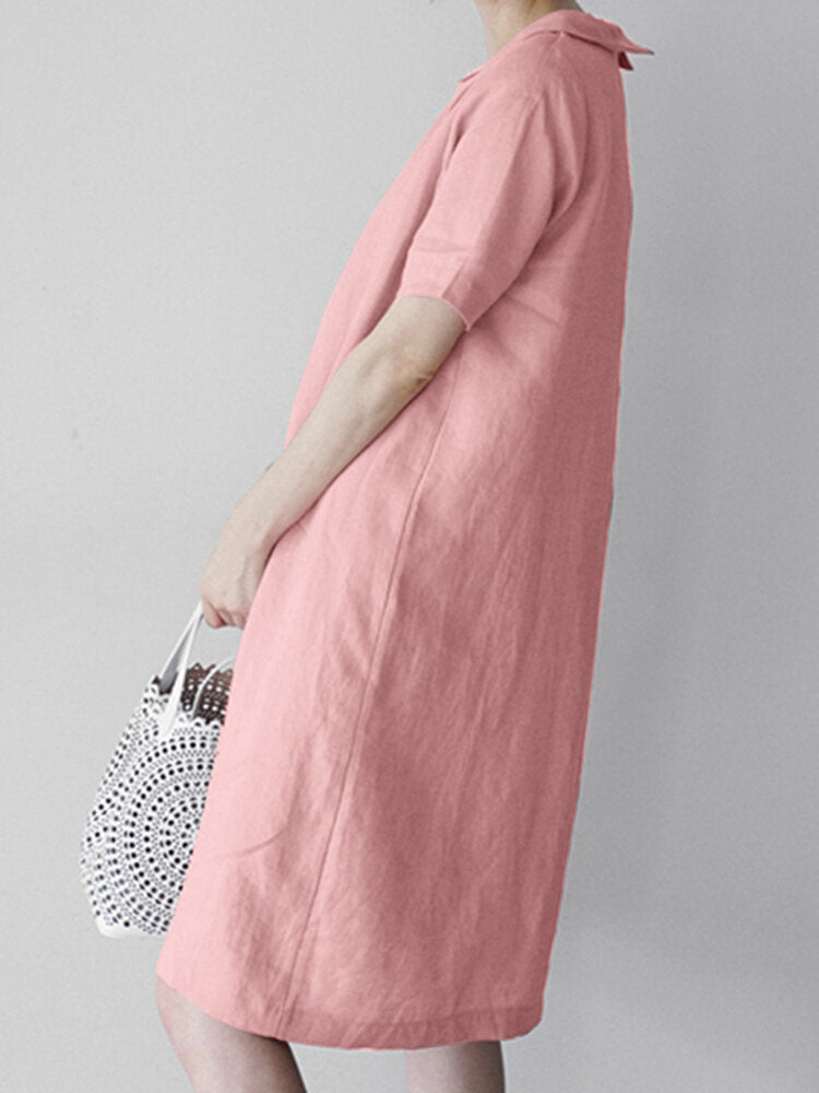 Women Solid Peter Pan Collar Short Sleeve Dress