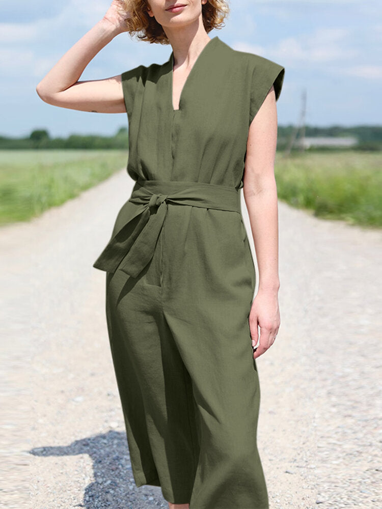 Solid Sash V Neck Pocket Sleeveless Casual Cotton  Women Jumpsuits