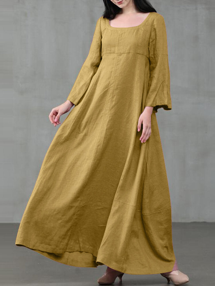 Solid Color A-Line Maxi Dress with Long Sleeves