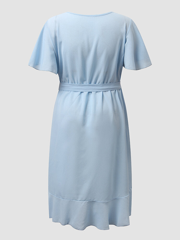 Solid Ruffle Short Sleeve Wrap V-neck Belt  Women Dress