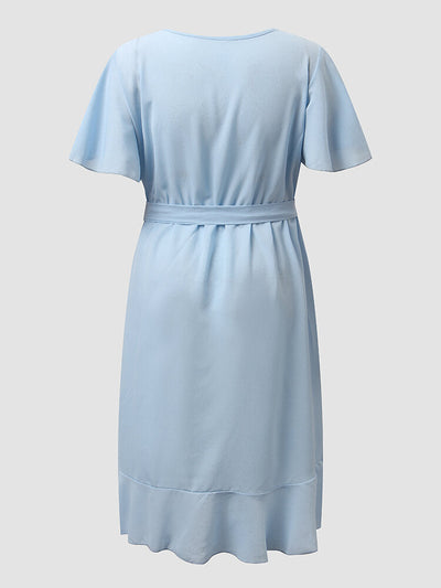 Solid Ruffle Short Sleeve Wrap V-neck Belt  Women Dress