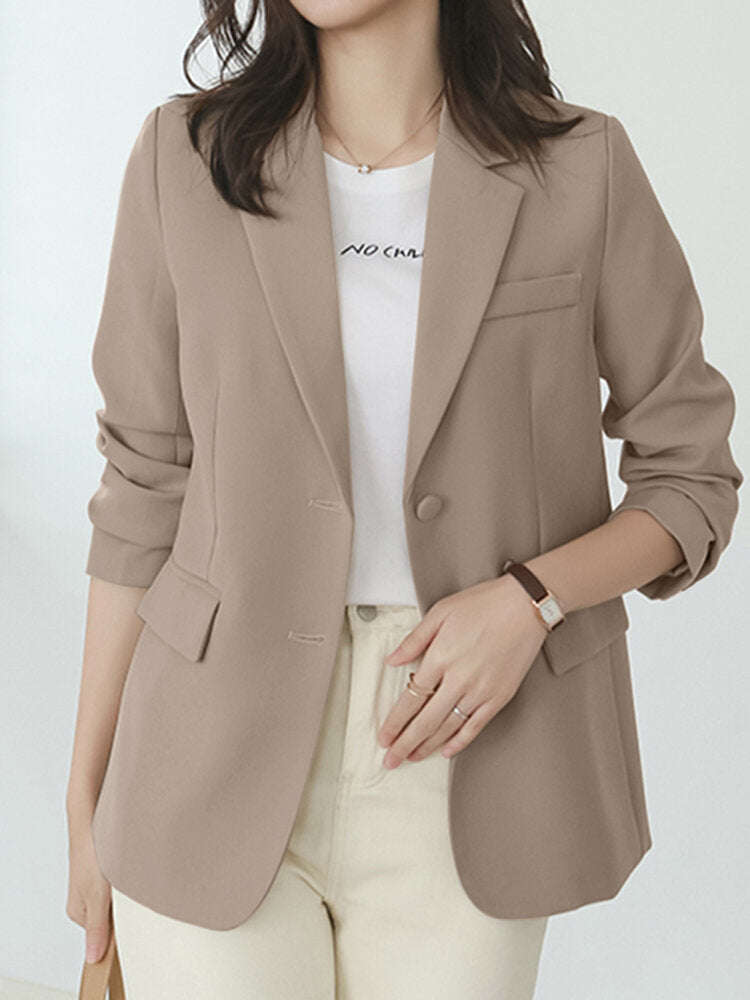 Women Solid Long Sleeve Button Front Lapel Blazer