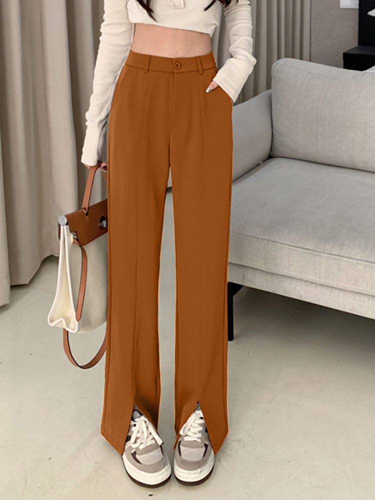 Solid High Waist Pocket Double Slit Hem Tailored Pants