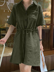 Solid Drawstring Waist Pocket Button Front Lapel Cargo  Women Romper