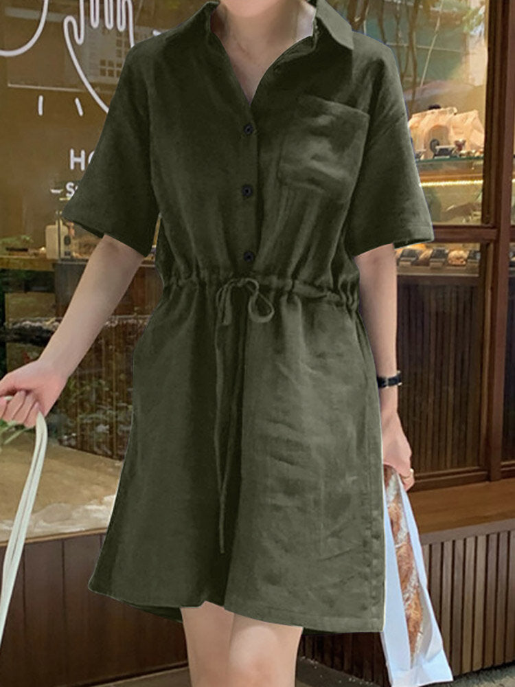 Solid Drawstring Waist Pocket Button Front Lapel Cargo  Women Romper