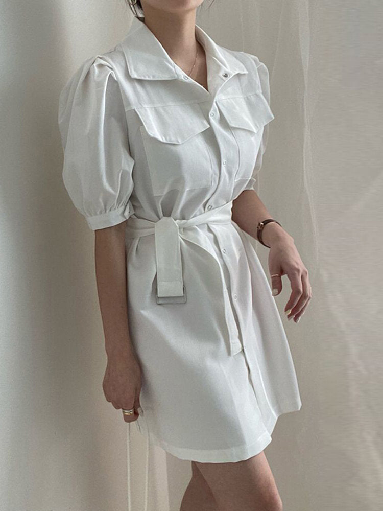 Solid Puff Sleeve Lapel Button Casual  With Belt Women Dress