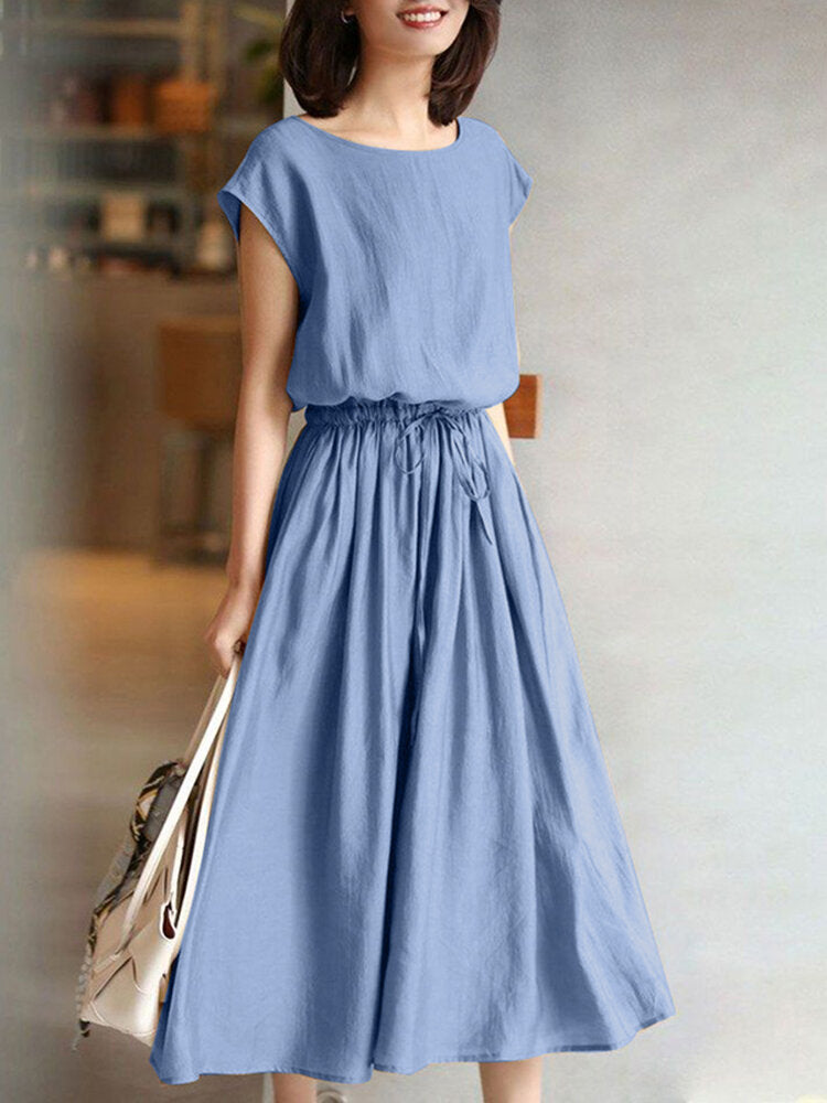 Drawstring Waist Pocket Solid Short Sleeve Casual Cotton Women Dress