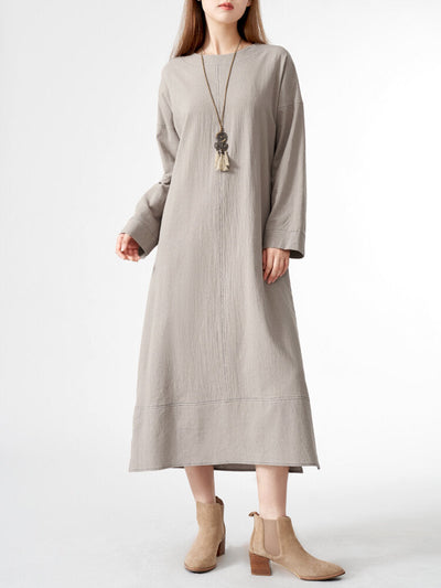 Solid Slit Hem Long Sleeve Crew Neck Vintage  Women Dress