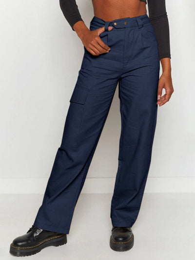 Women Solid Color Button Pocket Zip Front Loose Casual Pants