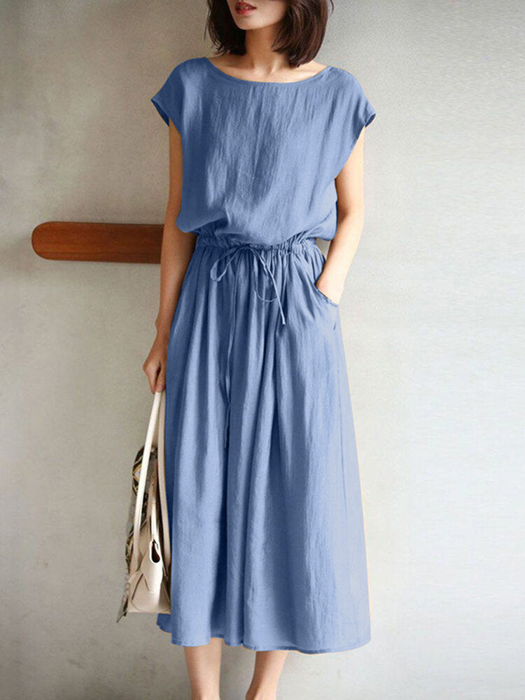 Drawstring Waist Pocket Solid Short Sleeve Casual Cotton Women Dress