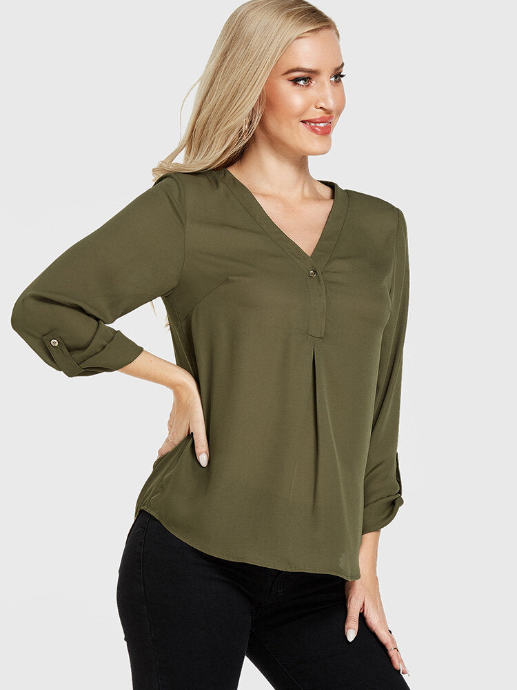 Solid Long Sleeve V-neck Casual Blouse