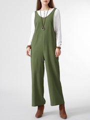 Solid Pocket Open Back Sleeveless Straight Leg  Women Jumpsuits