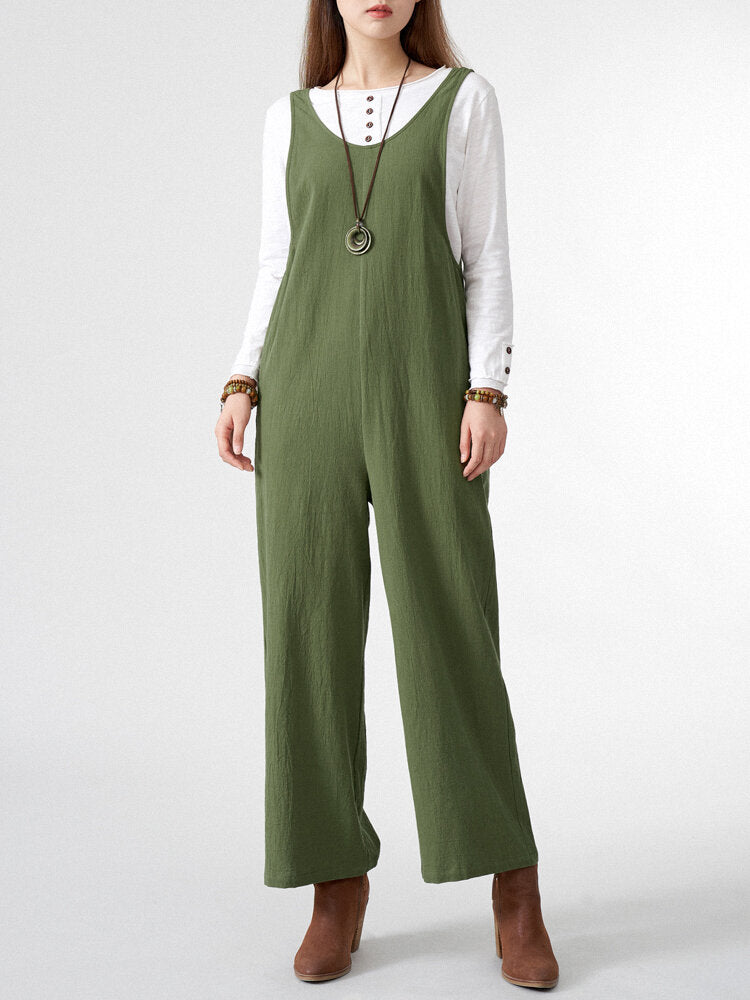 Solid Pocket Open Back Sleeveless Straight Leg  Women Jumpsuits