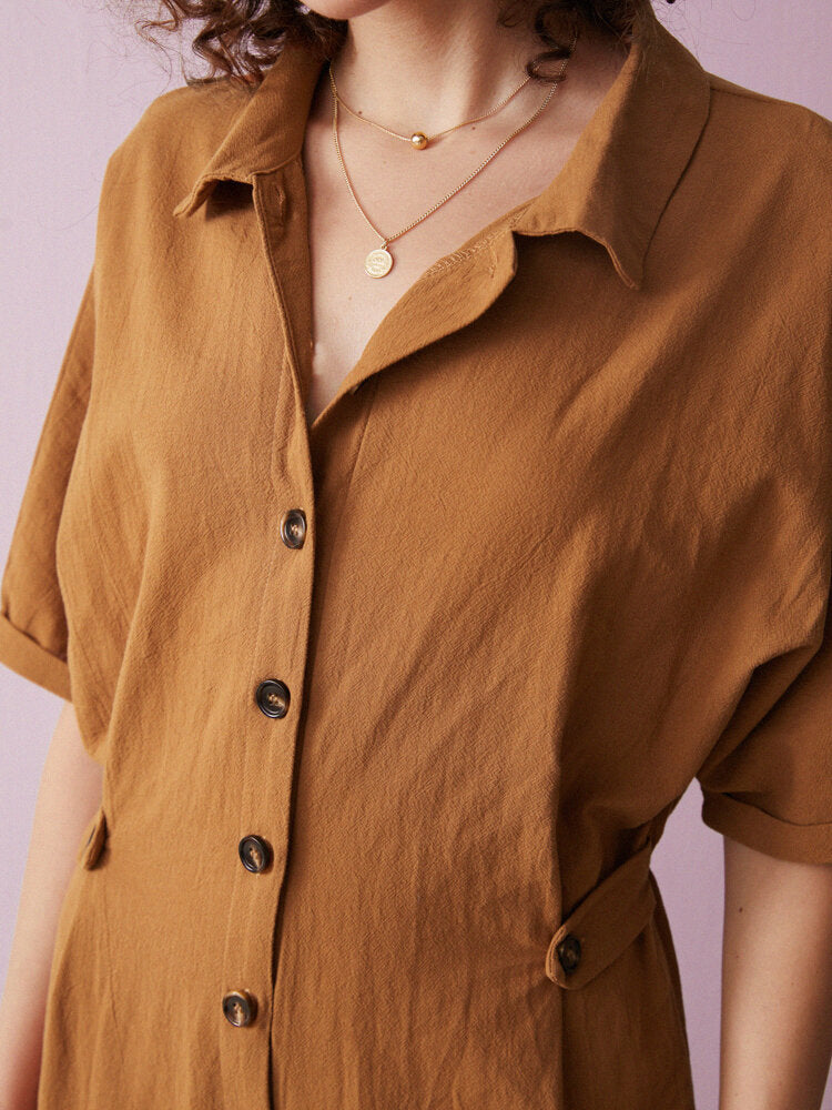 Solid Cotton Button Front Lapel Half Sleeve  Women Jumpsuits