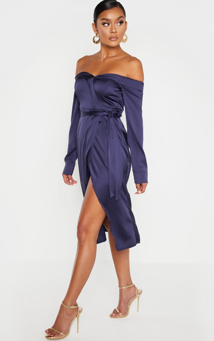 Navy Satin Bardot Lapel Detail Wrap Midi Dress