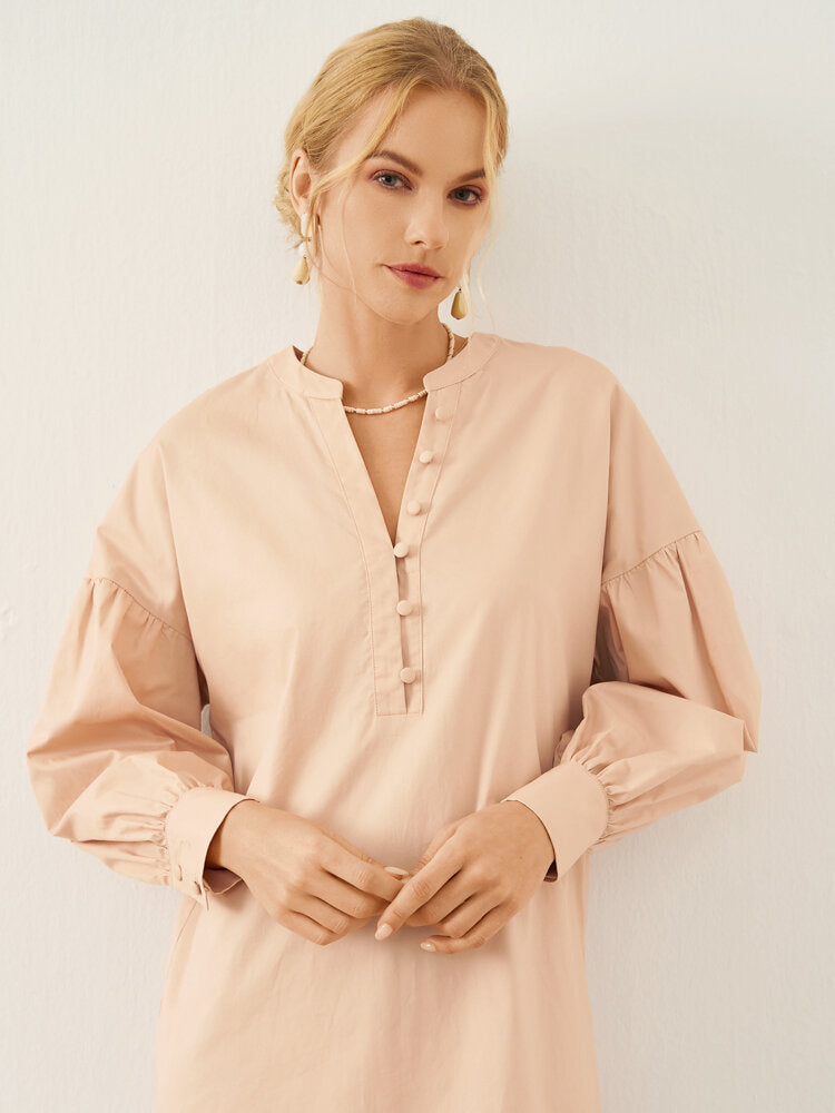 Solid Slit Hem Button Front Long Sleeve Stand Collar Women Dress