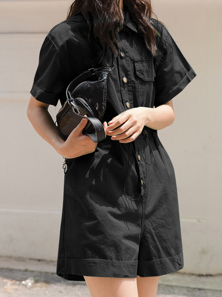 Solid Drawstring Waist Pocket Lapel Short Sleeve Cargo  Women Romper