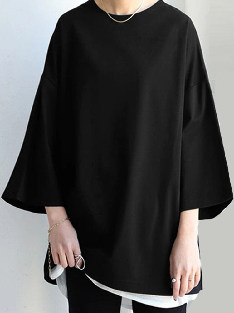 Solid Drop Shoulder Loose Crew Neck T-shirt For Women