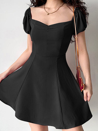 Solid Puff Sleeve A-line Square Collar Invisible Zip  Women Dress