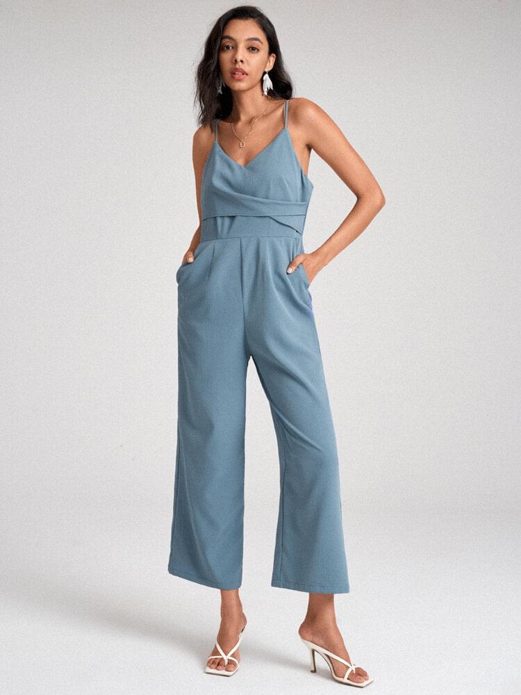 Adjustable Strap Open Back Solid Pocket Straight Leg  Women Jumpsuits