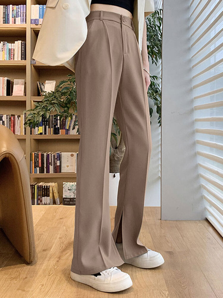 Solid Pocket High Waist Double Slit Hem Tailored Pants