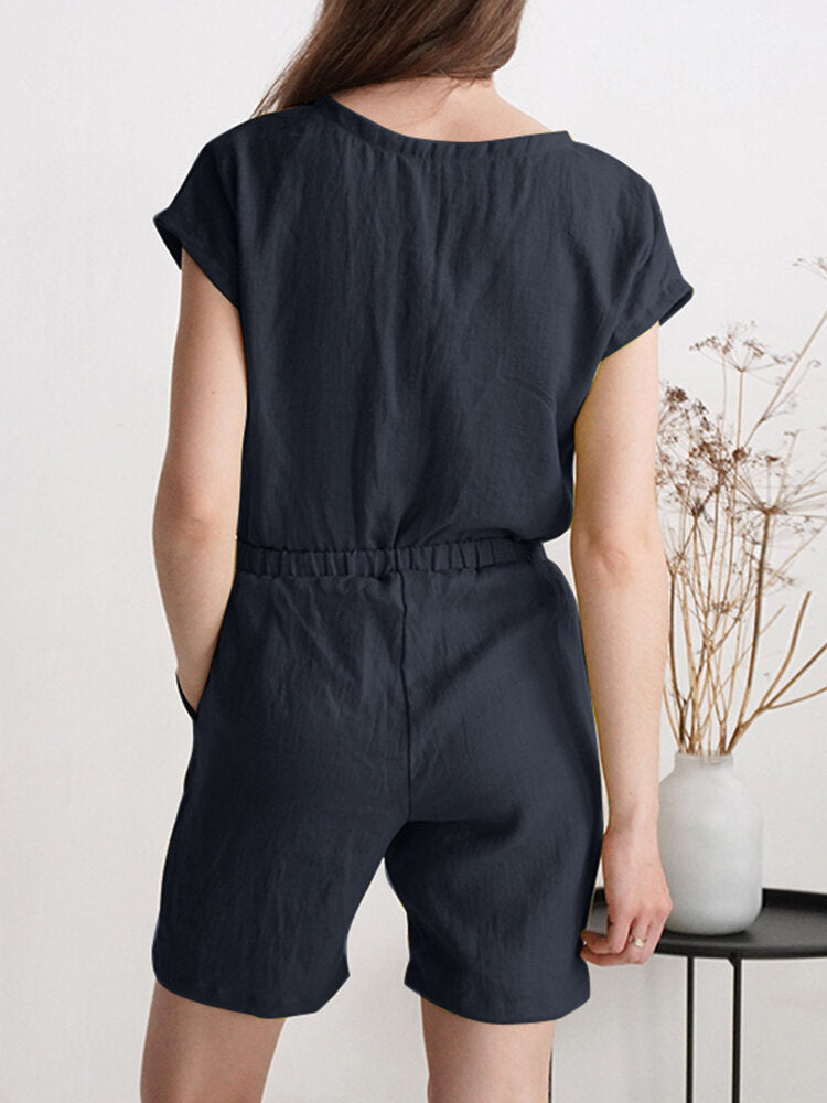 Solid Wrap V-neck Pocket Short Sleeve Casual  Women Romper