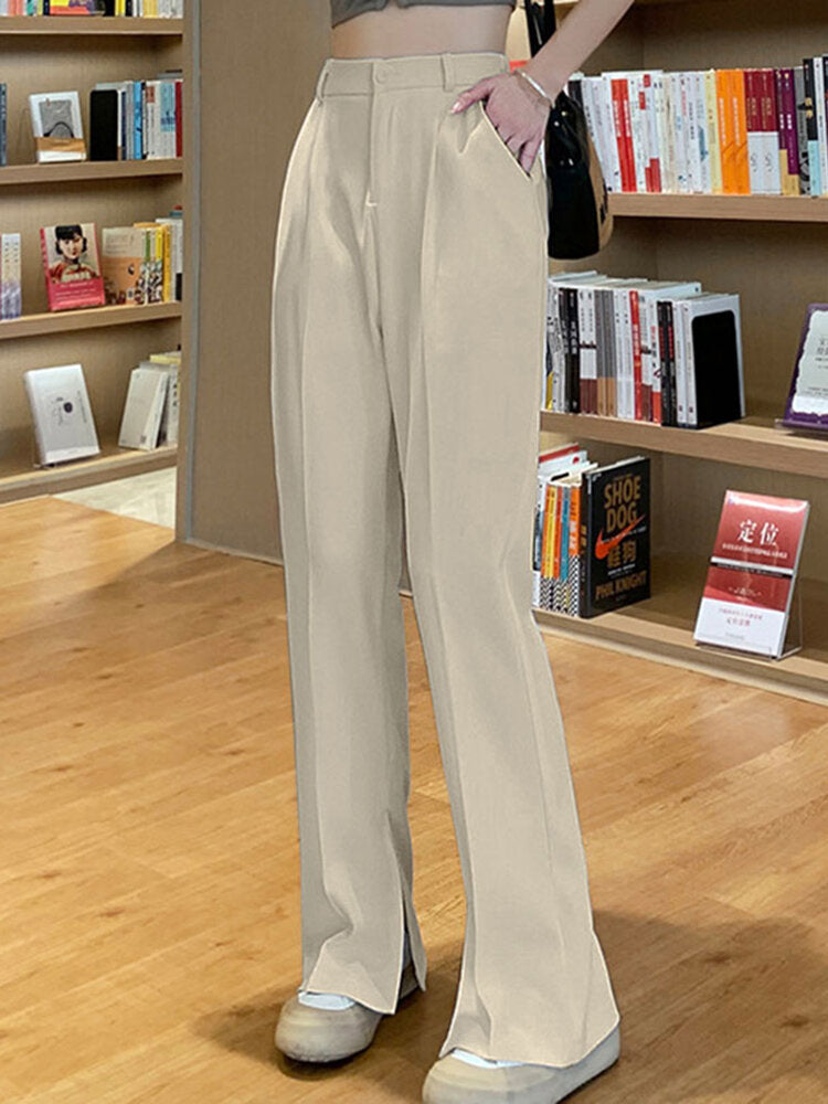 Solid Pocket High Waist Double Slit Hem Tailored Pants