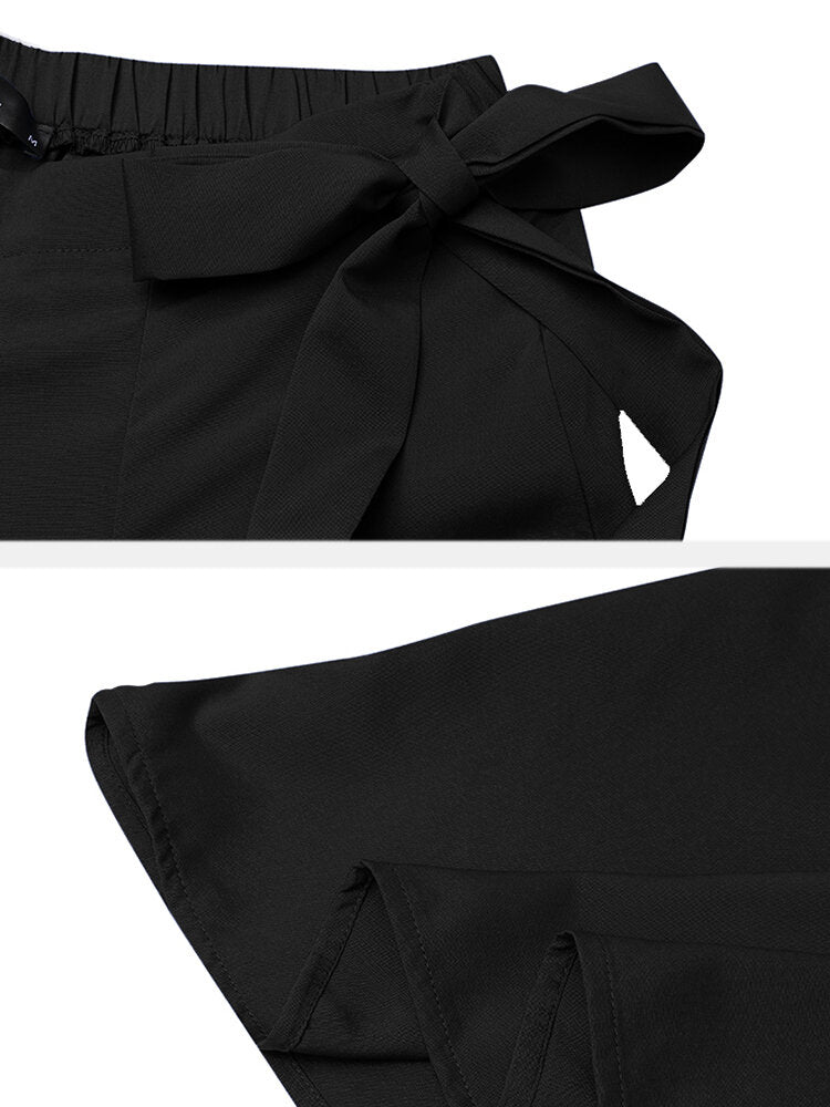 Solid Color Wide-legged Bowknot Belt Pleated Loose Pants