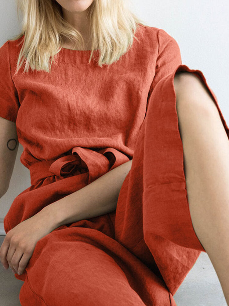 Solid Pocket Short Sleeve Wide Leg  With Belt Women Jumpsuits