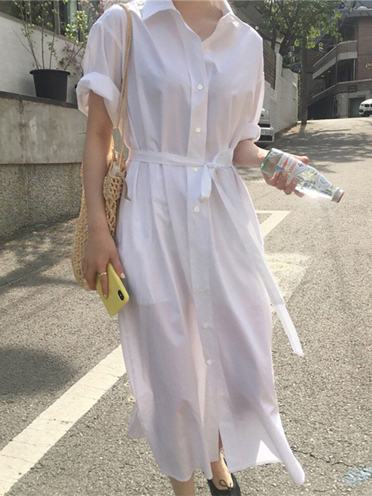 Solid Button Long Sleeve Lapel With Belt Women Dress