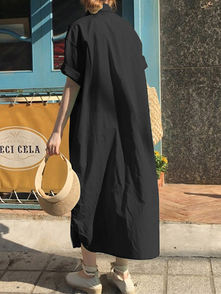 Solid Button Long Sleeve Lapel With Belt Women Dress