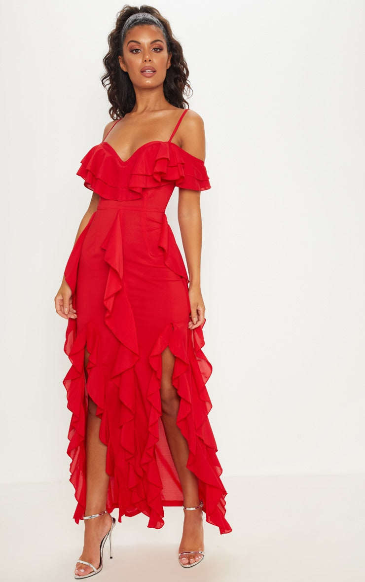 RED COLD SHOULDER RUFFLE DETAIL MAXI DRESS