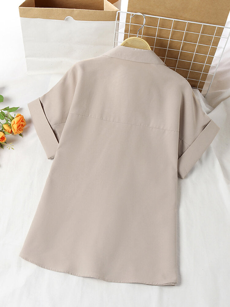 Women Solid Color Lapel Casual Short Sleeve Shirt